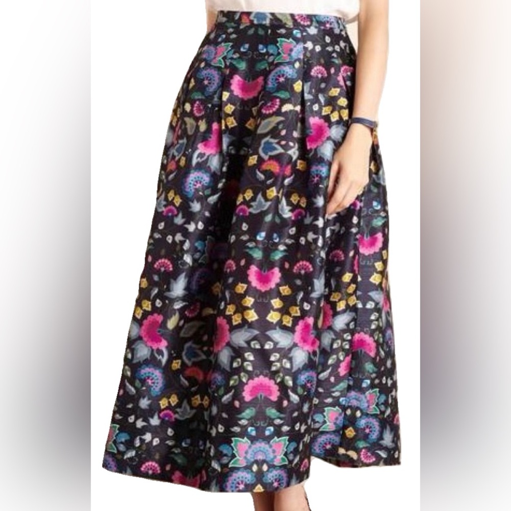 Anthropologie Payal Pratap Printed Midi Skirt Size 6 Folk Dark Floral Full Skirt